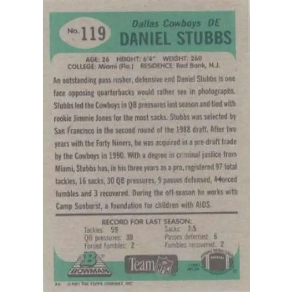 1991 Bowman #119 Daniel Stubbs NM-MT Dallas Cowboys Football Card - Football Card Single