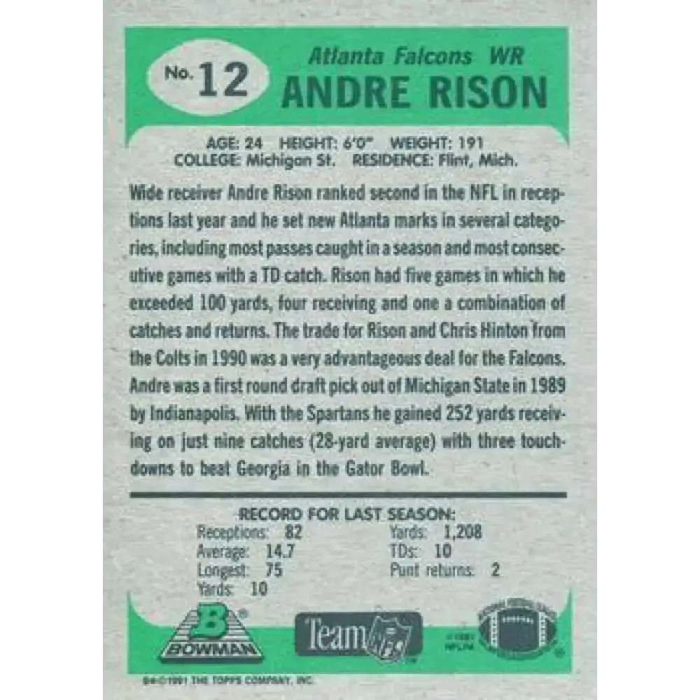 1991 Bowman #12 Andre Rison NM-MT Atlanta Falcons Football Card - Football Card Single