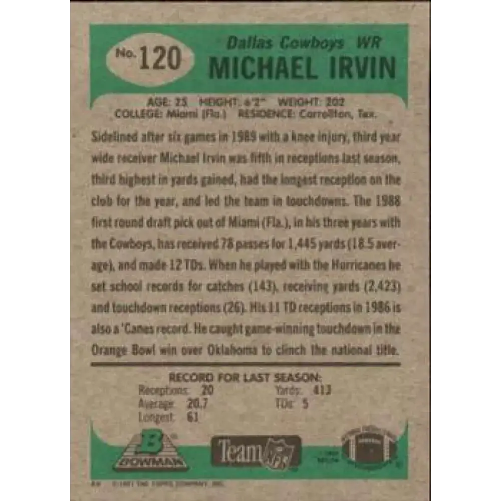 1991 Bowman #120 Michael Irvin NM-MT Dallas Cowboys Football Card - Football Card Single