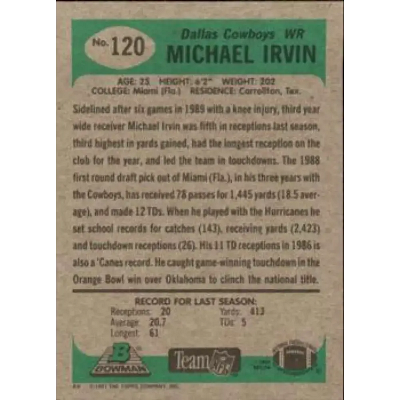 1991 Bowman #120 Michael Irvin NM-MT Dallas Cowboys Football Card - Football Card Single