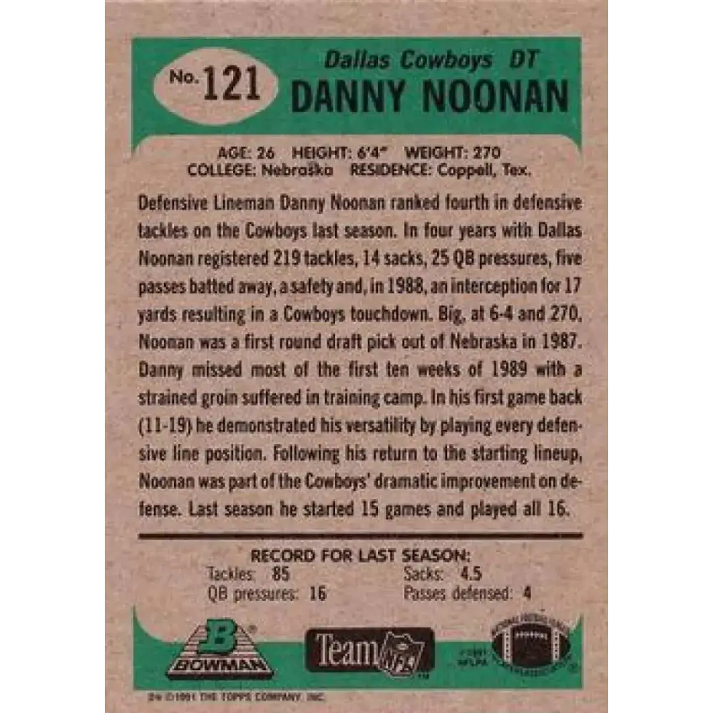 1991 Bowman #121 Danny Noonan NM-MT Football Card - Football Card Single