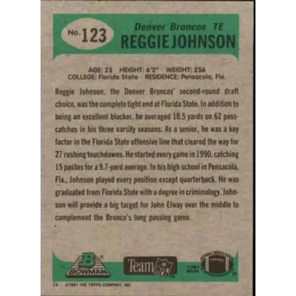 1991 Bowman #123 Reggie Johnson NM-MT RC Rookie Football Card - Football Card Single