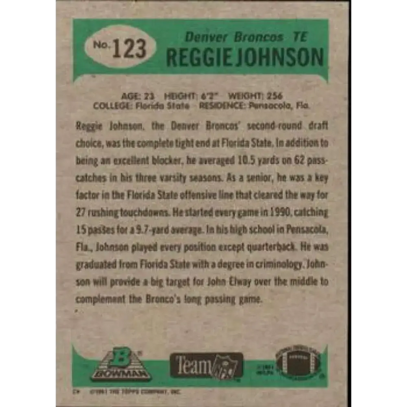 1991 Bowman #123 Reggie Johnson NM-MT RC Rookie Football Card - Football Card Single