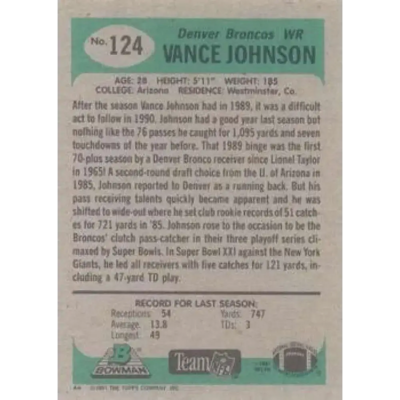 1991 Bowman #124 Vance Johnson NM-MT Denver Broncos Football Card - Football Card Single