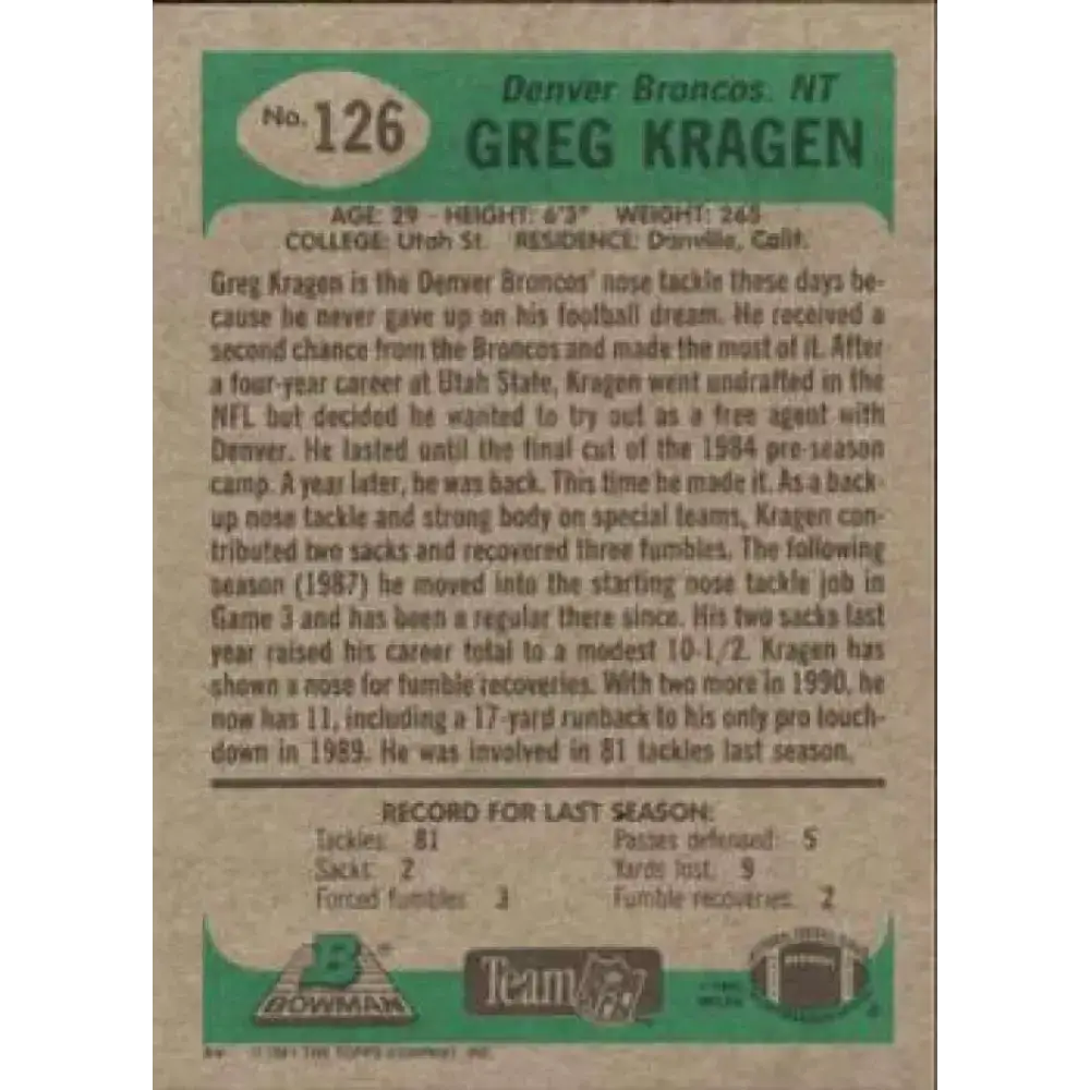 1991 Bowman #126 Greg Kragen NM-MT Denver Broncos Football Card - Football Card Single