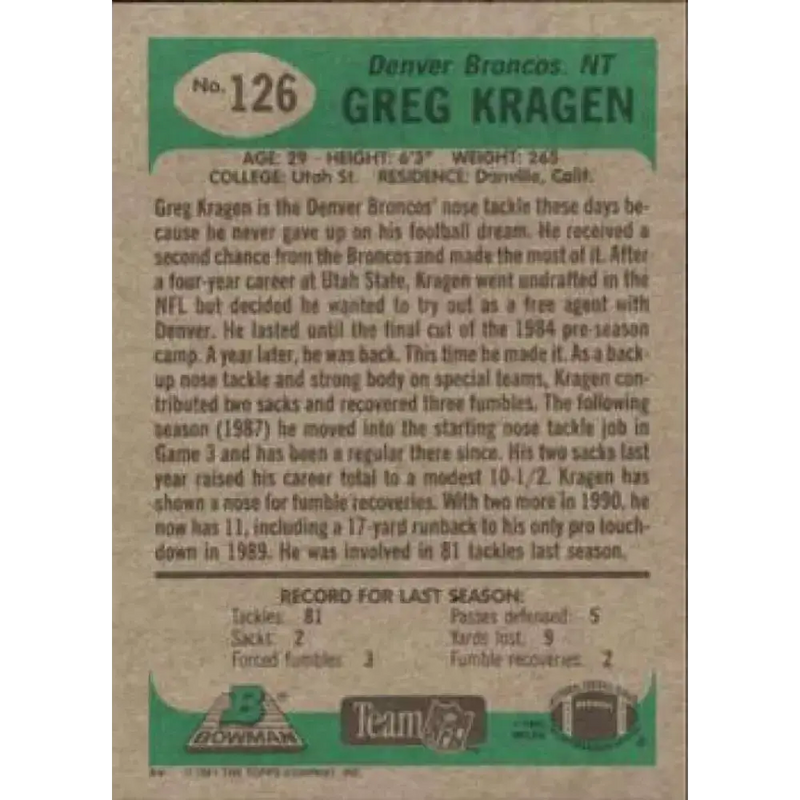 1991 Bowman #126 Greg Kragen NM-MT Denver Broncos Football Card - Football Card Single