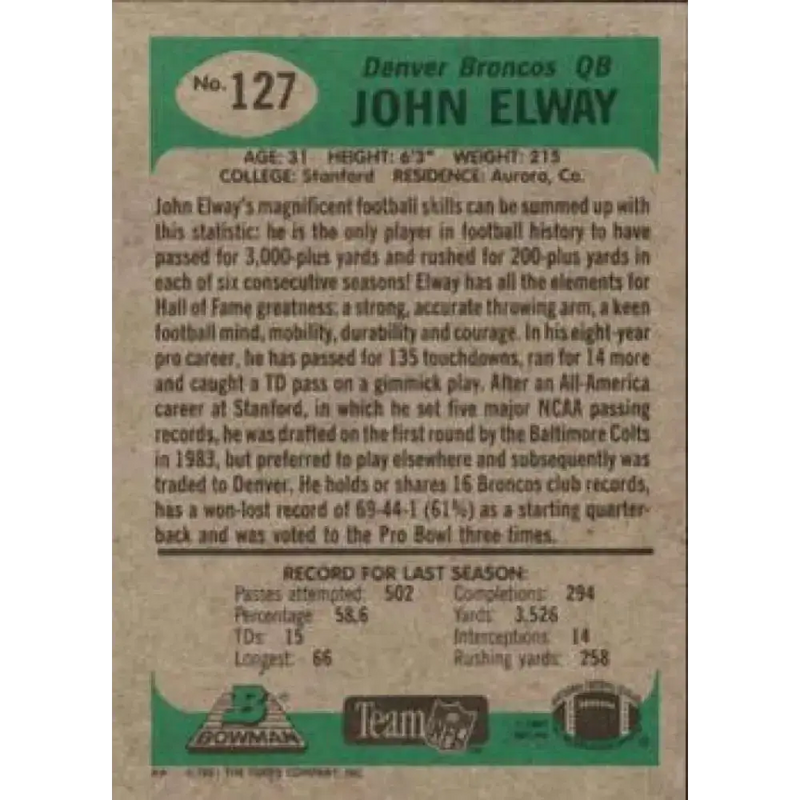 1991 Bowman #127 John Elway NM-MT Denver Broncos Football Card - Football Card Single