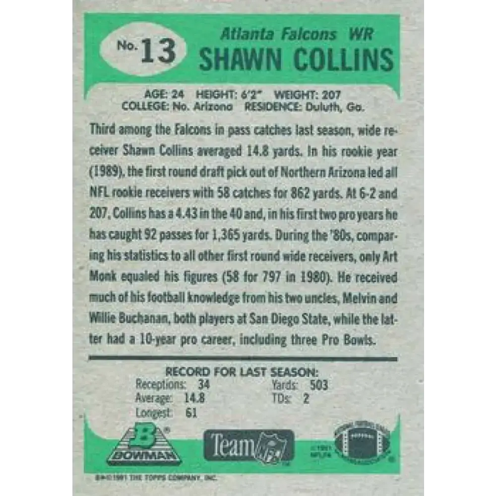 1991 Bowman #13 Shawn Collins NM-MT Atlanta Falcons Football Card - Football Card Single