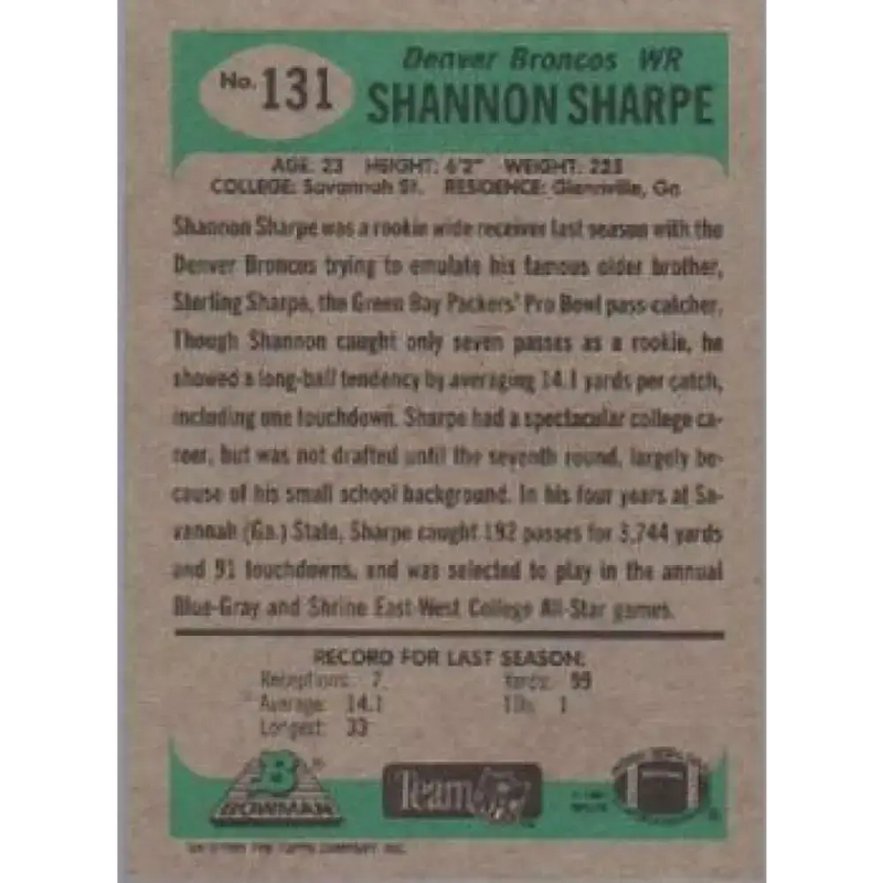 1991 Bowman #131 Shannon Sharpe NM-MT Denver Broncos Football Card - Football Card Single