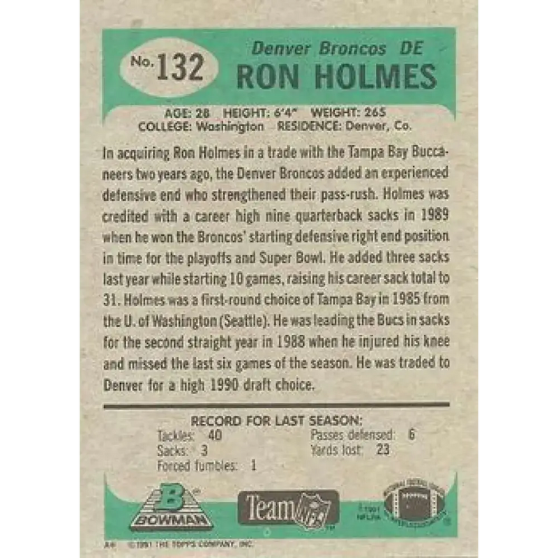 1991 Bowman #132 Ron Holmes NM-MT Denver Broncos Football Card - Football Card Single