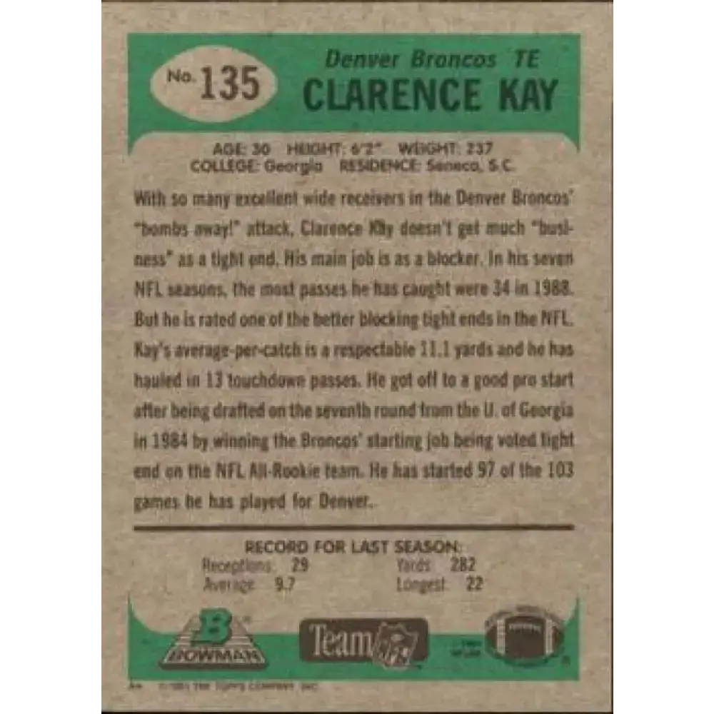 1991 Bowman #135 Clarence Kay NM-MT Denver Broncos Football Card - Football Card Single