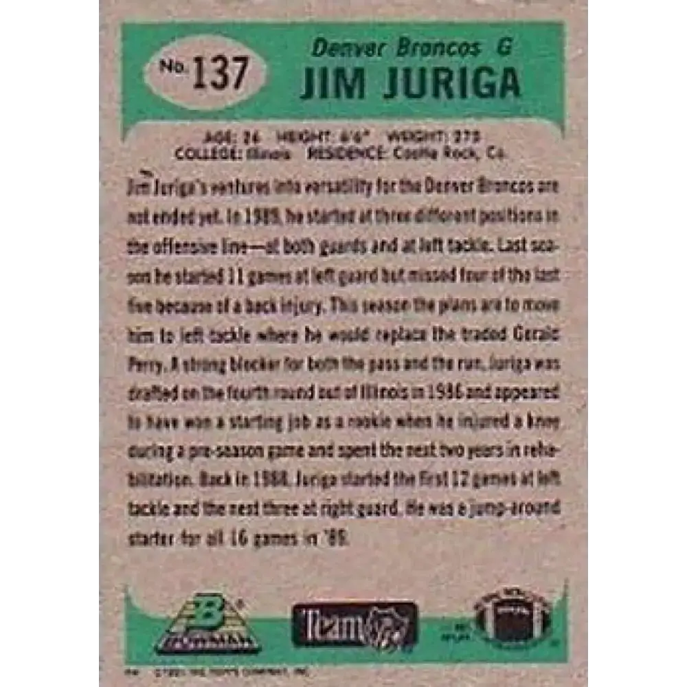 1991 Bowman #137 Jim Juriga NM-MT Denver Broncos Football Card - Football Card Single