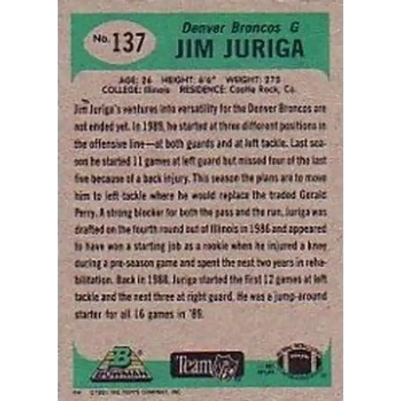 1991 Bowman #137 Jim Juriga NM-MT Denver Broncos Football Card - Football Card Single