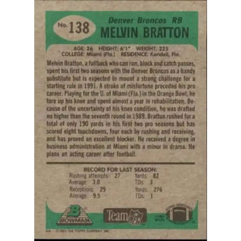1991 Bowman #138 Melvin Bratton NM-MT Denver Broncos Football Card - Football Card Single