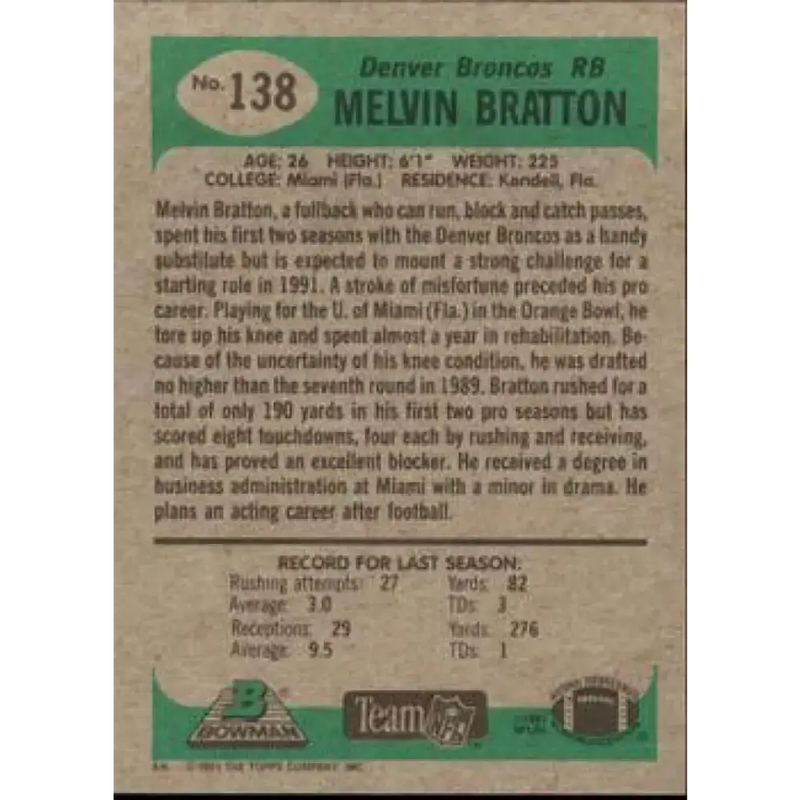 1991 Bowman #138 Melvin Bratton NM-MT Denver Broncos Football Card - Football Card Single
