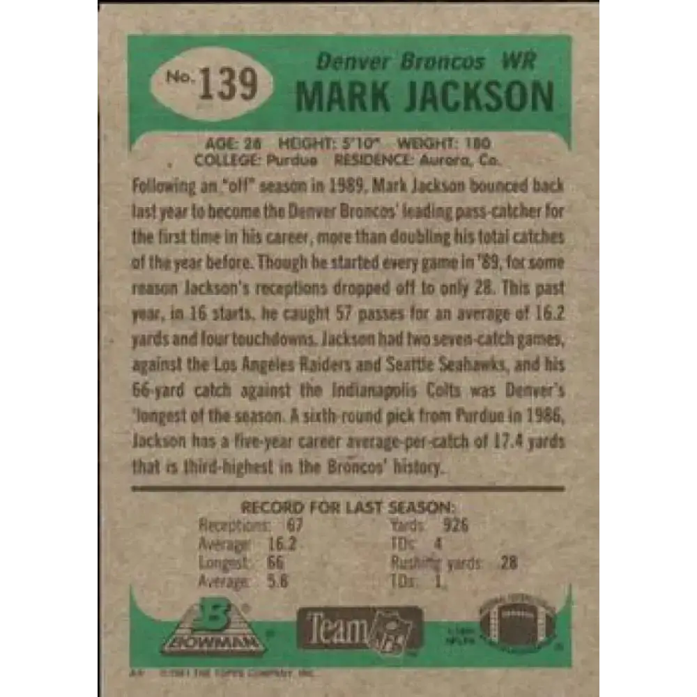 1991 Bowman #139 Mark Jackson NM-MT Denver Broncos Football Card - Football Card Single