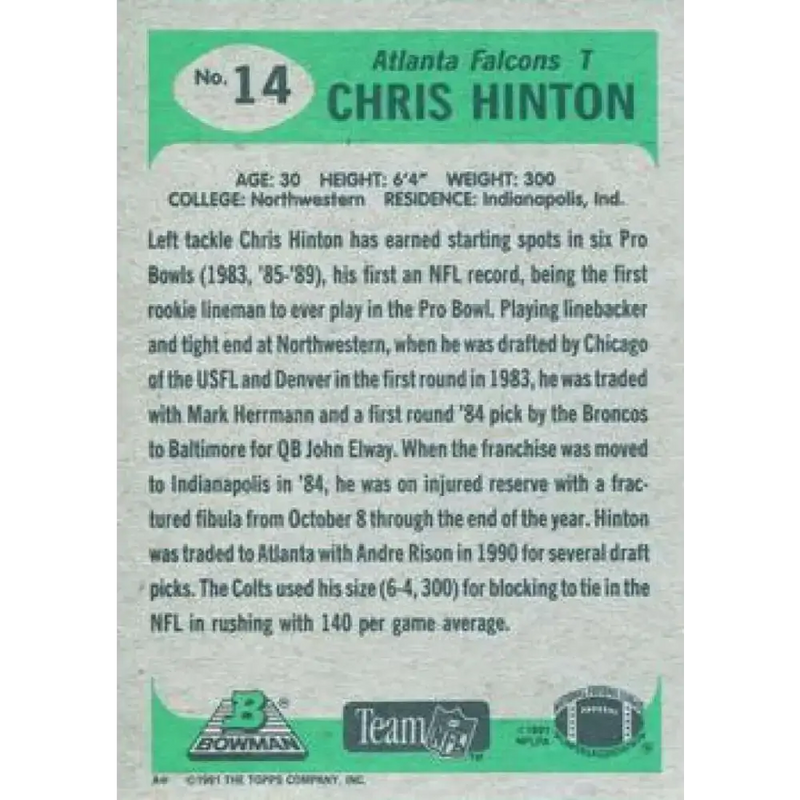 1991 Bowman #14 Chris Hinton NM-MT Atlanta Falcons Football Card - Football Card Single