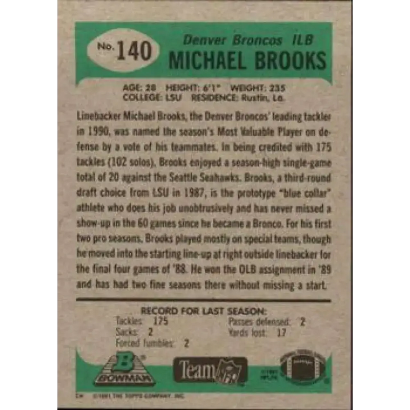 1991 Bowman #140 Michael Brooks NM-MT Denver Broncos Football Card - Football Card Single