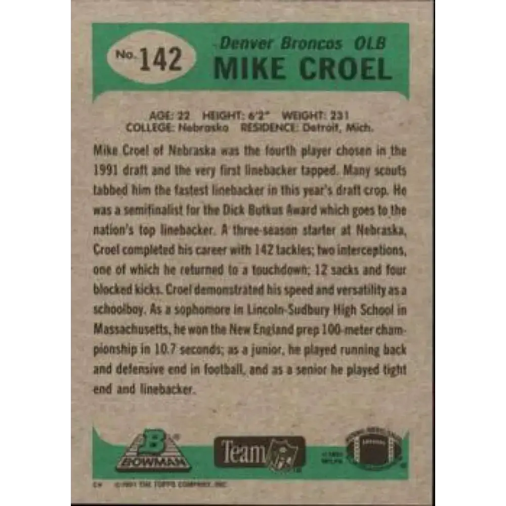1991 Bowman #142 Mike Croel NM-MT RC Rookie Denver Broncos Football Card - Football Card Single