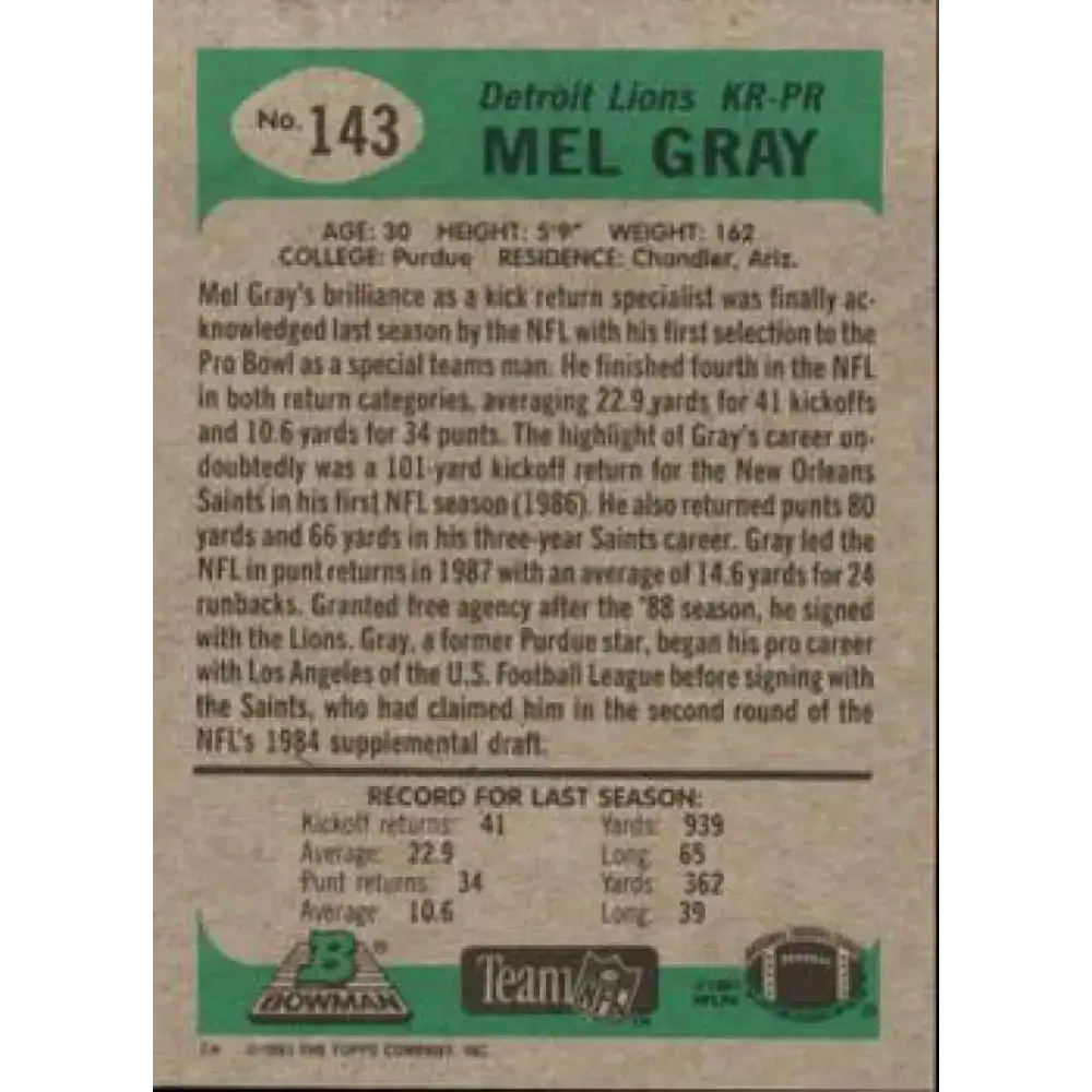 1991 Bowman #143 Mel Gray NM-MT Detroit Lions Football Card - Football Card Single