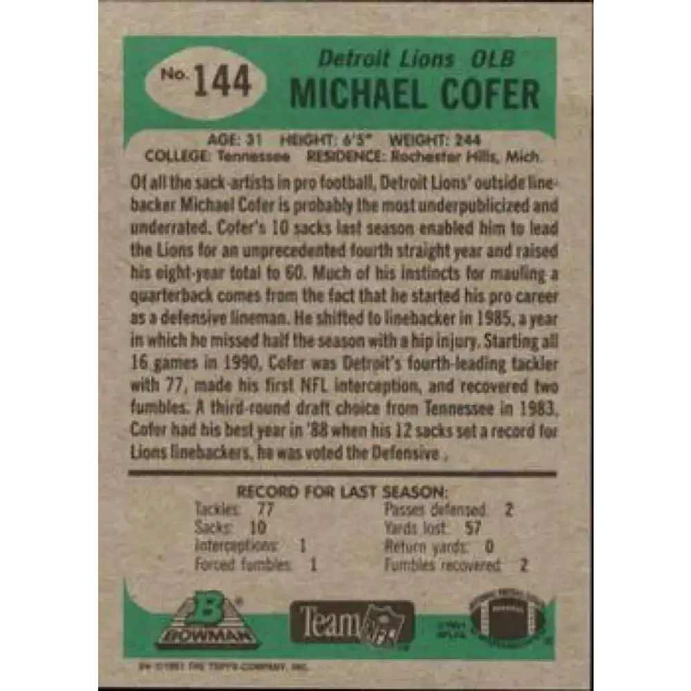 1991 Bowman #144 Michael Cofer NM-MT Detroit Lions Football Card - Football Card Single