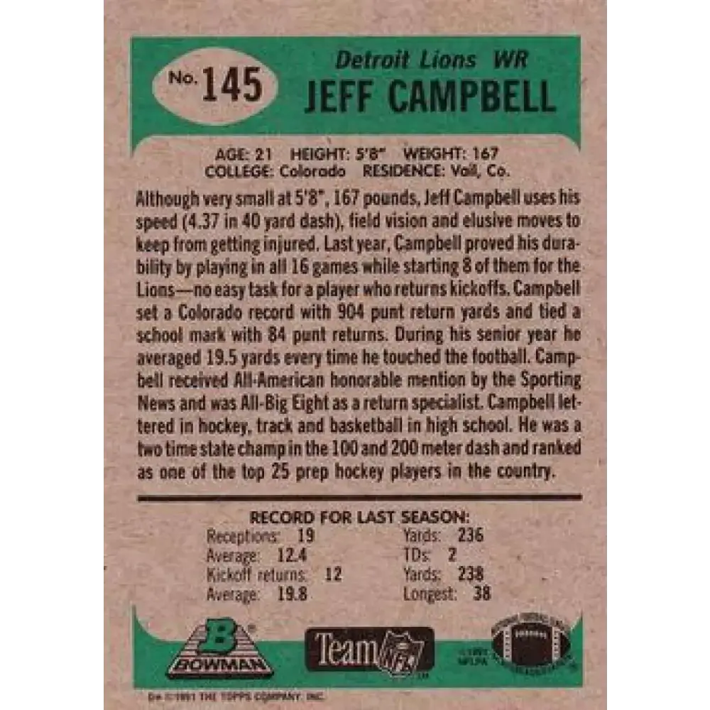 1991 Bowman #145 Jeff Campbell NM-MT Detroit Lions Football Card