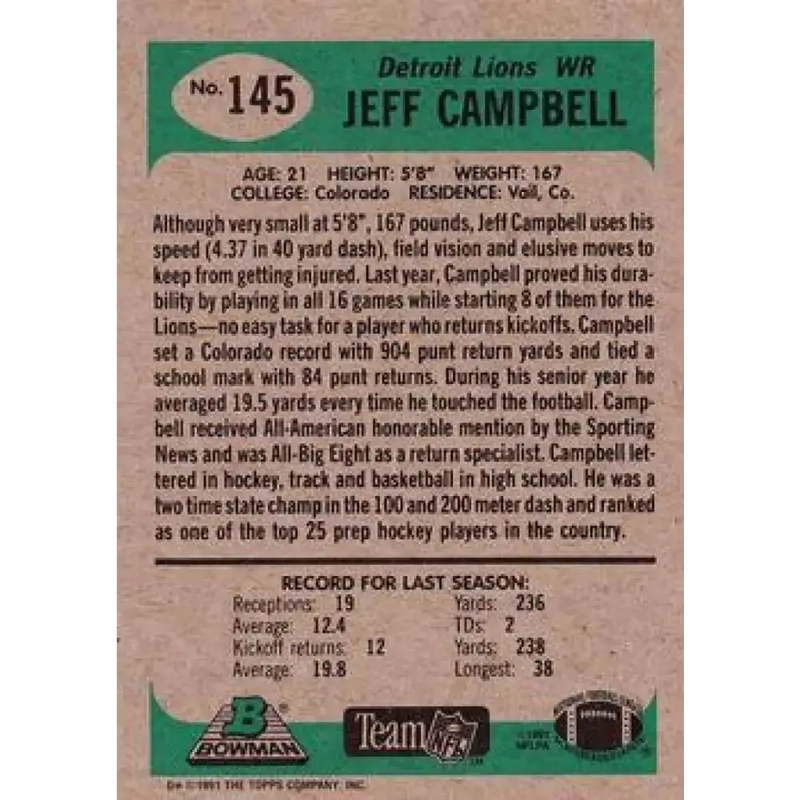 1991 Bowman #145 Jeff Campbell NM-MT Detroit Lions Football Card