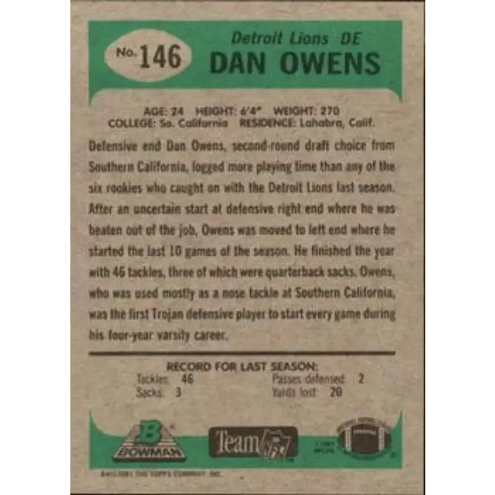 1991 Bowman #146 Dan Owens NM-MT Detroit Lions Football Card
