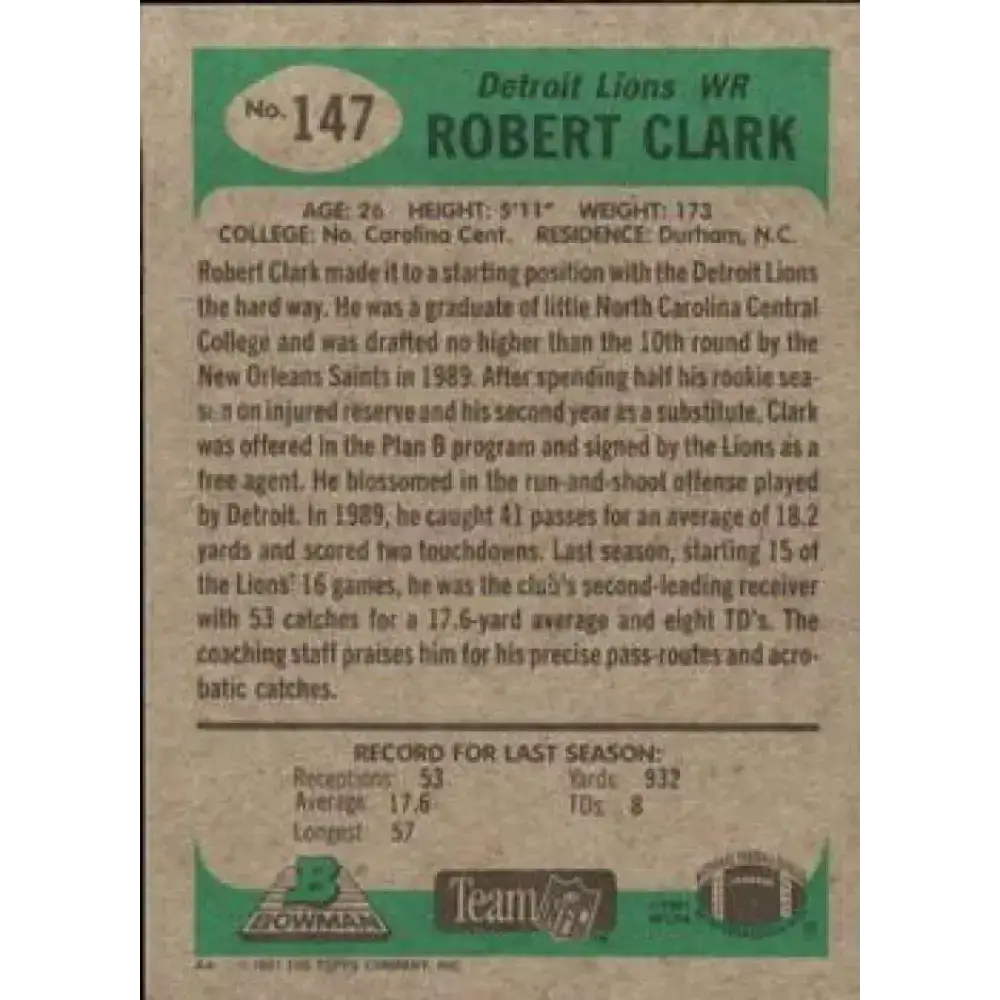 1991 Bowman #147 Robert Clark NM-MT Detroit Lions Football Card - Football Card Single