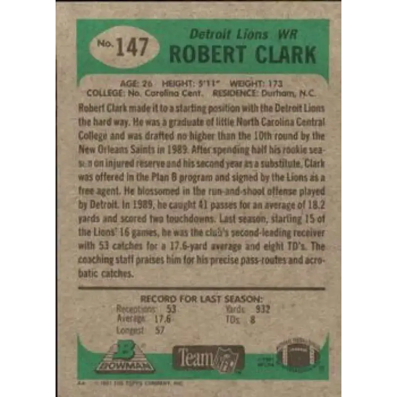 1991 Bowman #147 Robert Clark NM-MT Detroit Lions Football Card - Football Card Single