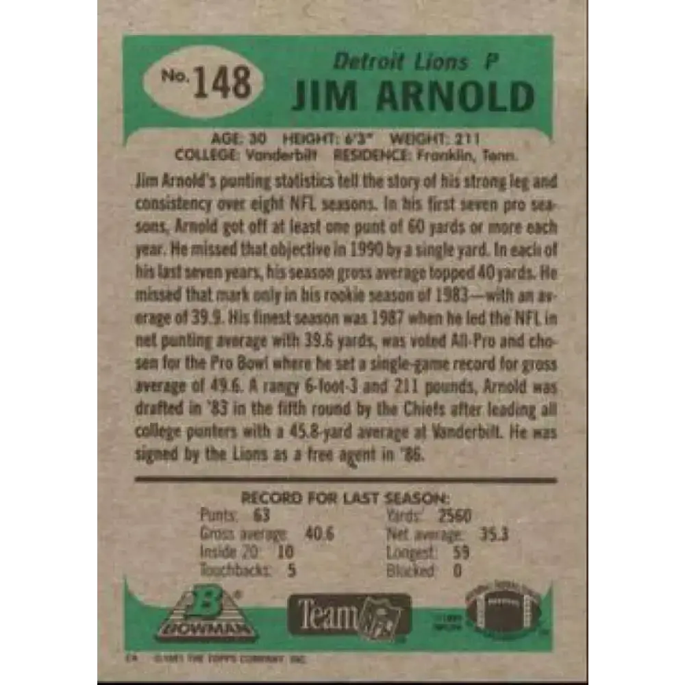 1991 Bowman #148 Jim Arnold NM-MT Detroit Lions Football Card - Football Card Single