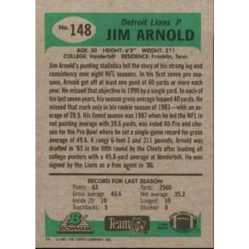 1991 Bowman #148 Jim Arnold NM-MT Detroit Lions Football Card - Football Card Single