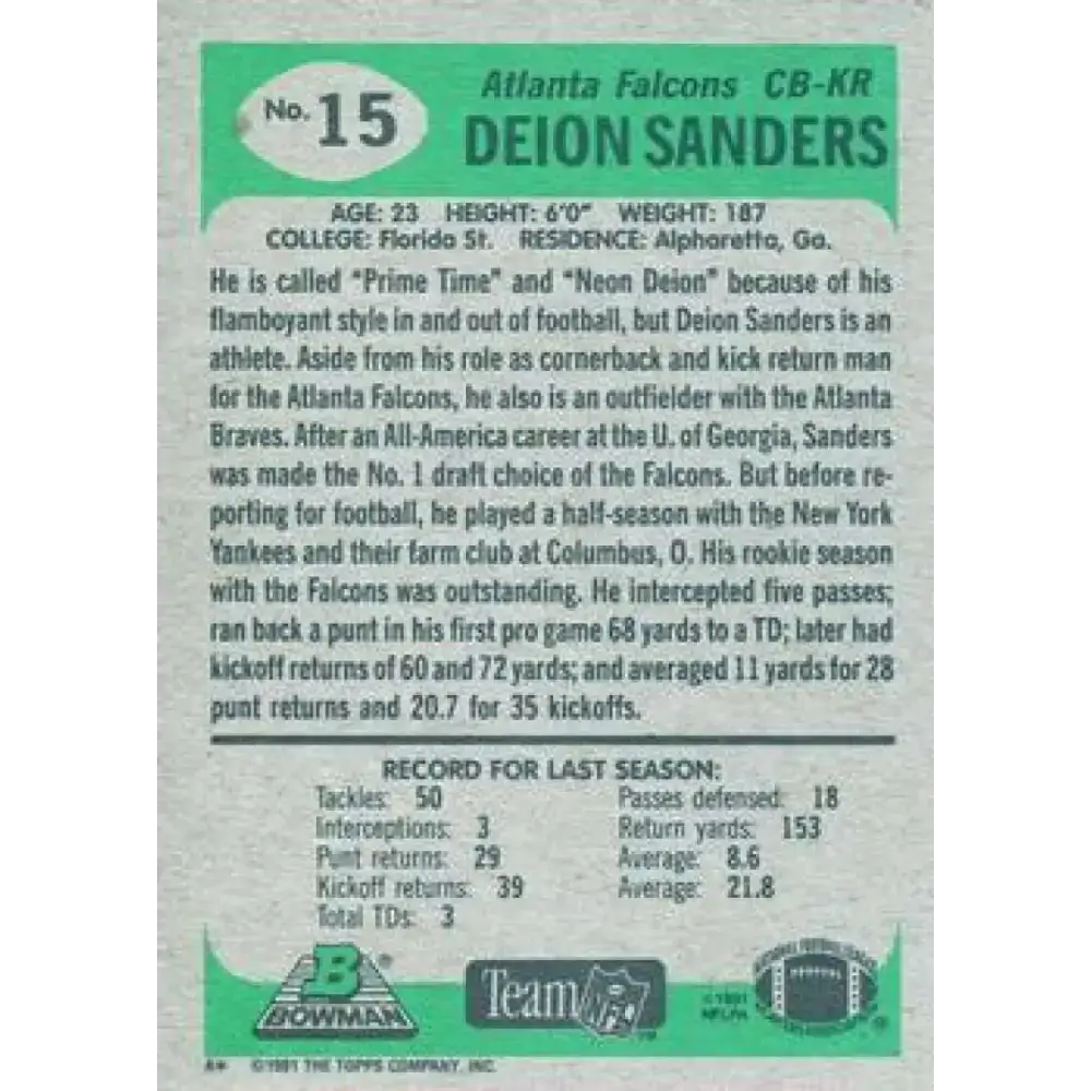1991 Bowman #15 Deion Sanders NM-MT Atlanta Falcons Football Card - Football Card Single