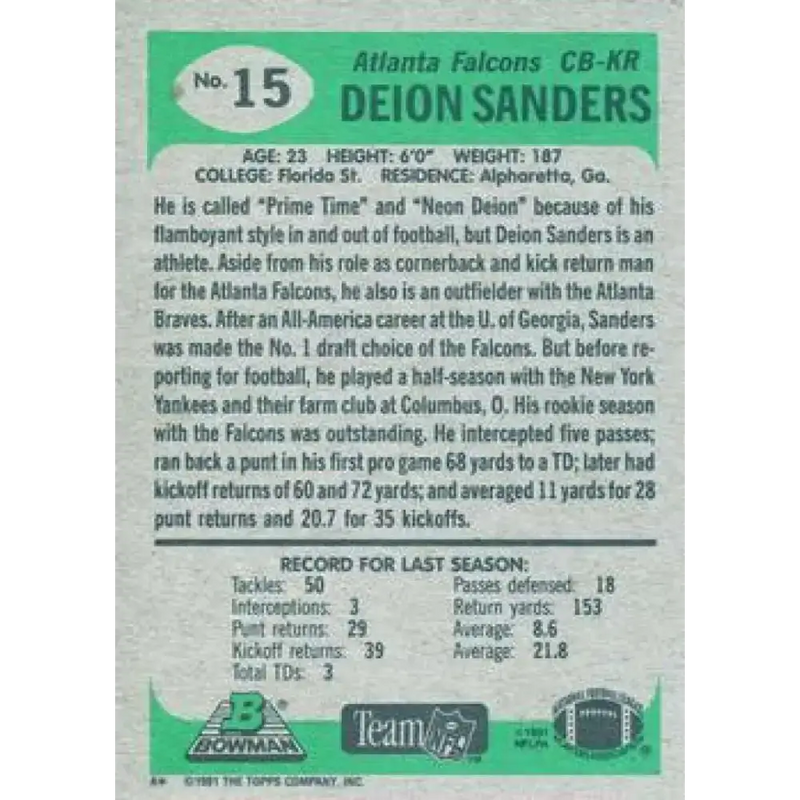 1991 Bowman #15 Deion Sanders NM-MT Atlanta Falcons Football Card - Football Card Single