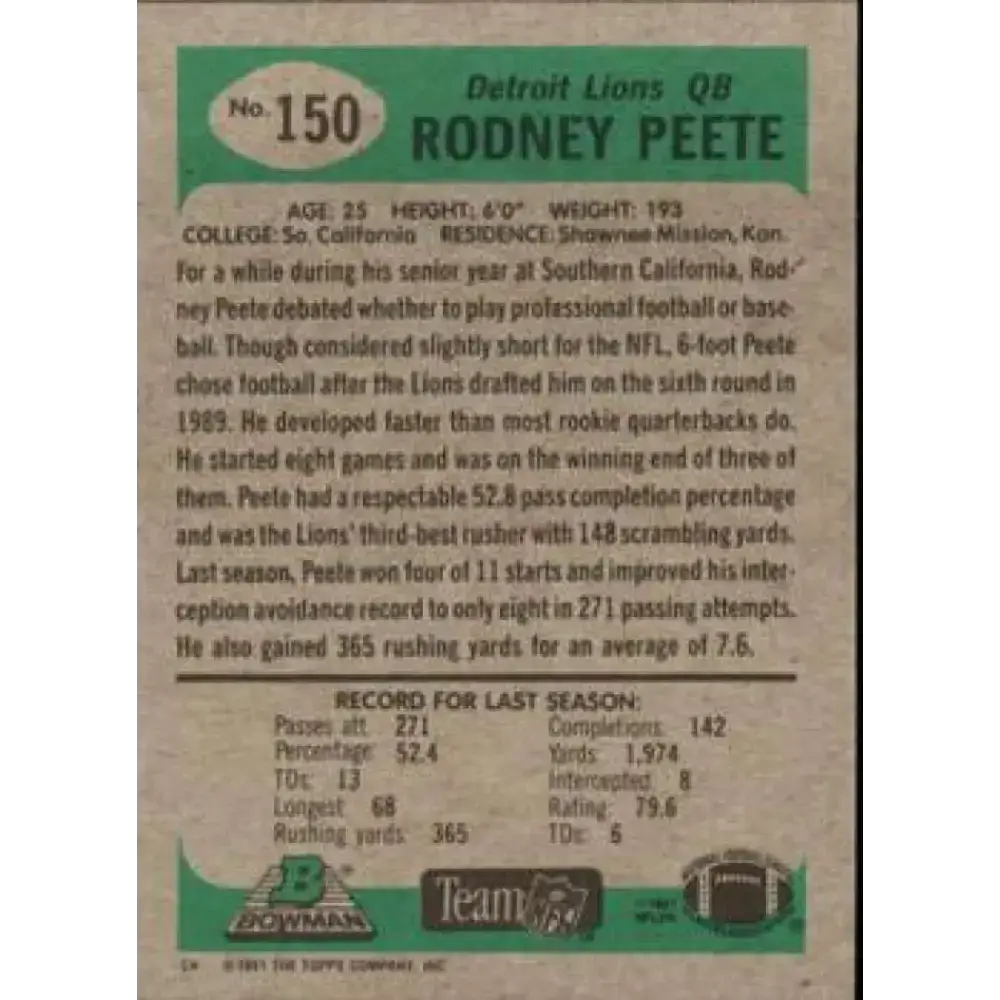 1991 Bowman #150 Rodney Peete NM-MT Detroit Lions Football Card - Football Card Single