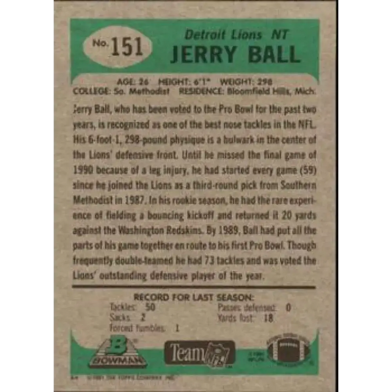 1991 Bowman #151 Jerry Ball NM-MT Detroit Lions Football Card - Football Card Single