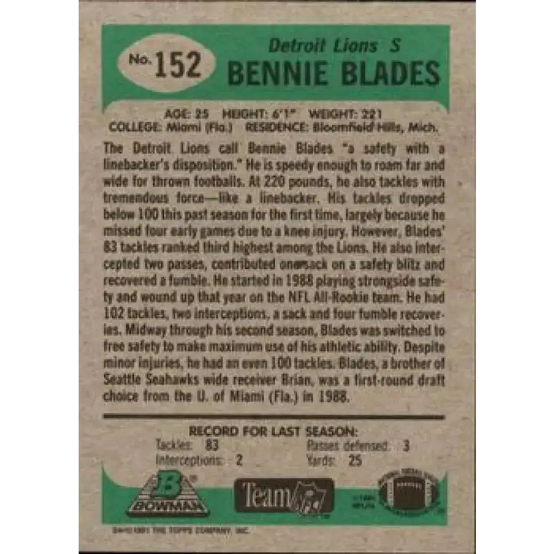 1991 Bowman #152 Bennie Blades NM-MT Detroit Lions Football Card - Football Card Single