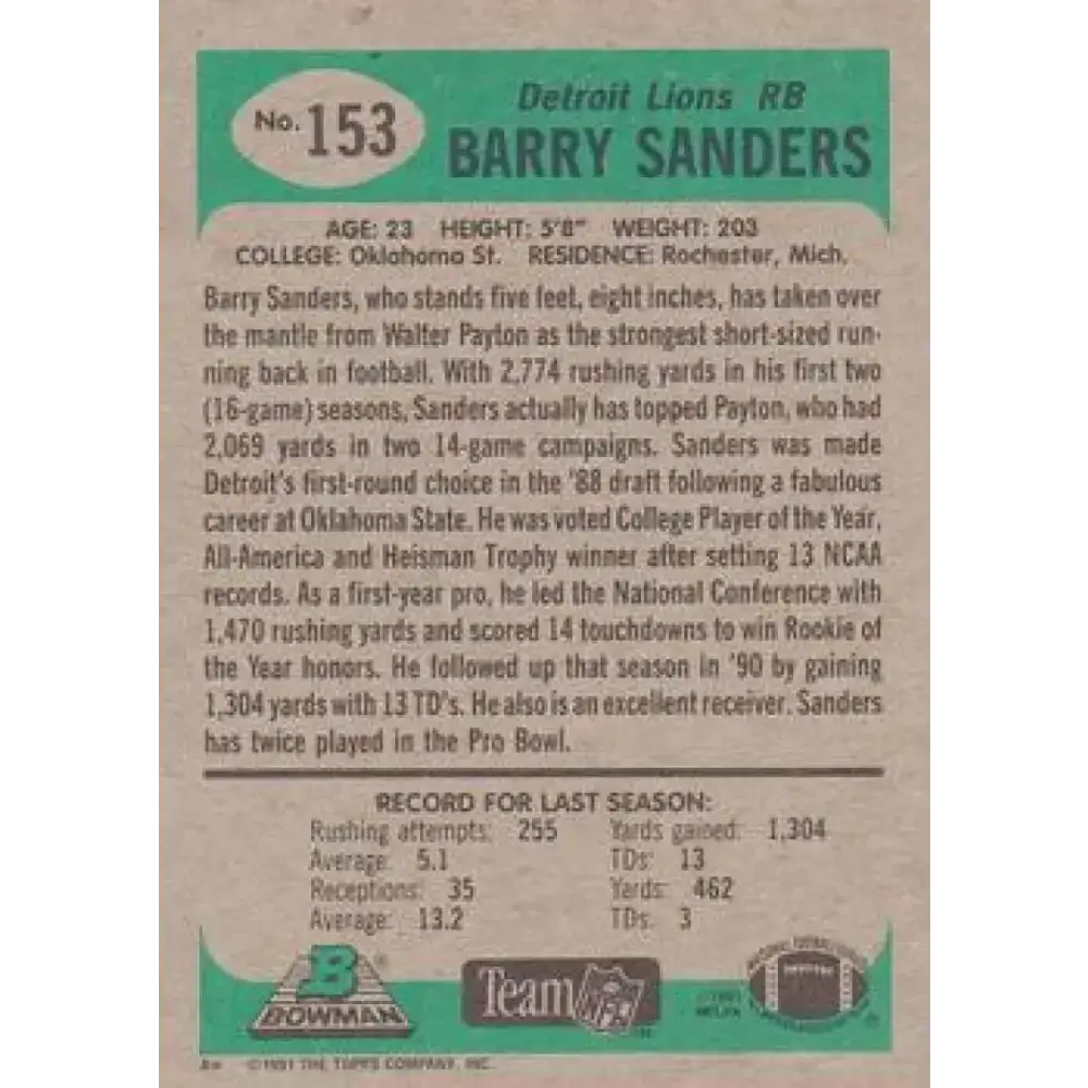 1991 Bowman #153 Barry Sanders NM-MT Detroit Lions Football Card