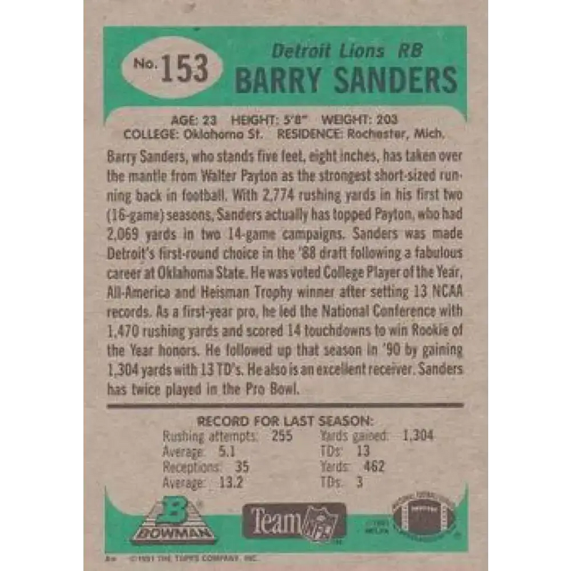 1991 Bowman #153 Barry Sanders NM-MT Detroit Lions Football Card