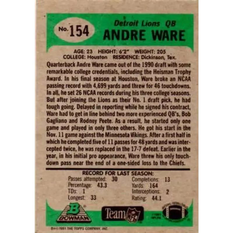 1991 Bowman #154 Andre Ware NM-MT Detroit Lions Football Card - Football Card Single