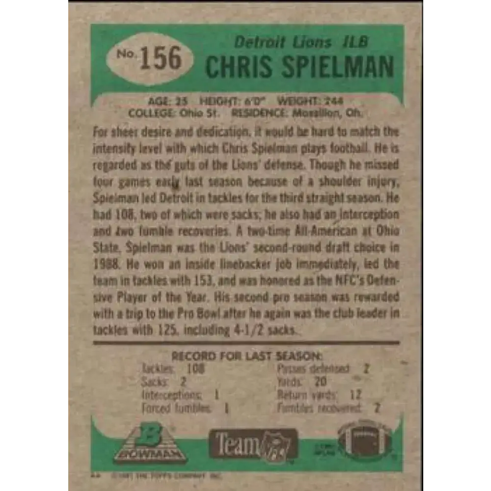 1991 Bowman #156 Chris Spielman NM-MT Detroit Lions Football Card - Football Card Single