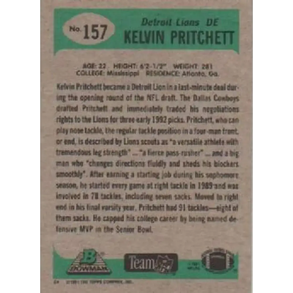 1991 Bowman #157 Kelvin Pritchett NM-MT RC Rookie Detroit Lions Football Card - Football Card Single