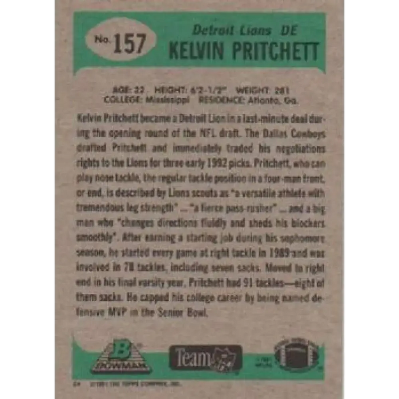 1991 Bowman #157 Kelvin Pritchett NM-MT RC Rookie Detroit Lions Football Card - Football Card Single