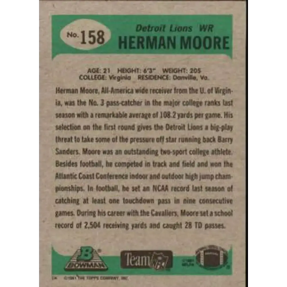 1991 Bowman #158 Herman Moore NM-MT RC Rookie Detroit Lions Football Card - Football Card Single