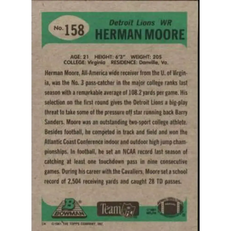 1991 Bowman #158 Herman Moore NM-MT RC Rookie Detroit Lions Football Card - Football Card Single