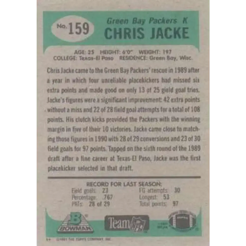 1991 Bowman #159 Chris Jacke NM-MT Green Bay Packers Football Card - Football Card Single