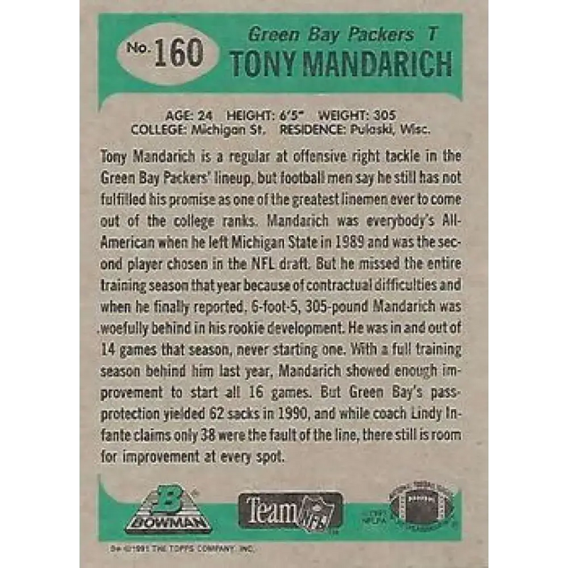 1991 Bowman #160 Tony Mandarich NM-MT Green Bay Packers Football Card - Football Card Single