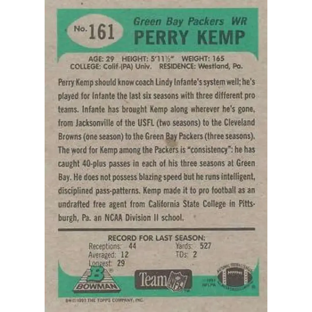 1991 Bowman #161 Perry Kemp NM-MT Green Bay Packers Football Card - Football Card Single