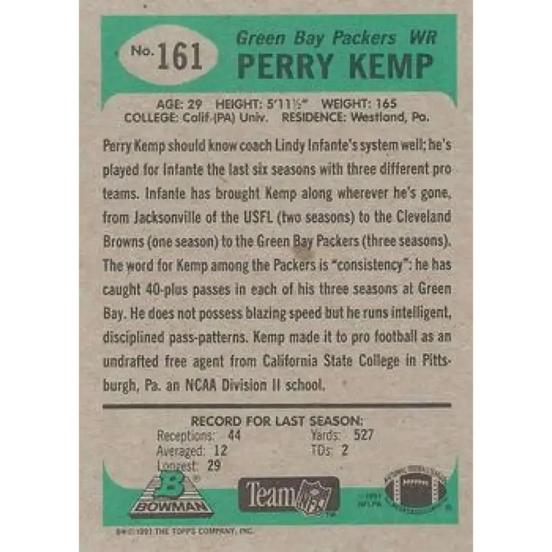 1991 Bowman #161 Perry Kemp NM-MT Green Bay Packers Football Card - Football Card Single