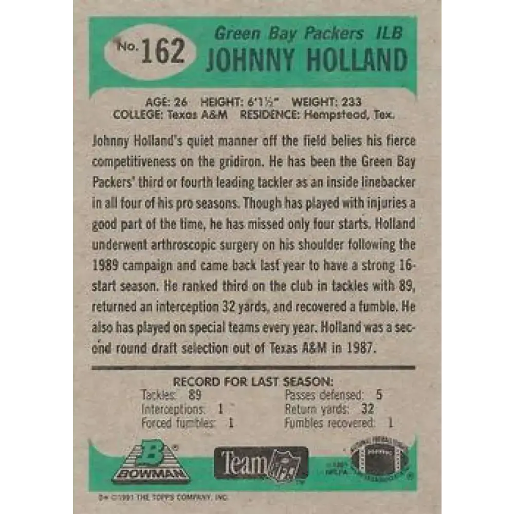 1991 Bowman #162 Johnny Holland NM-MT Green Bay Packers Football Card - Football Card Single